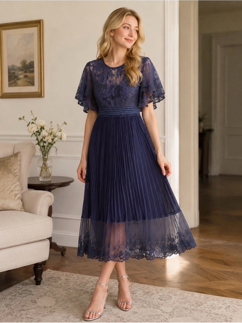 Three Floor Blue Lace & Pleated Midi Dress Short Sleeve Modest Women’s Size 10